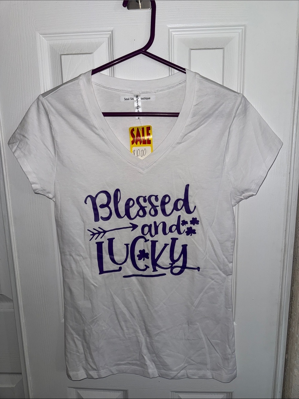 Reserved White Short Sleeve V-Neck Tee with Purple 'Blessed and Lucky' Print